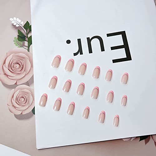 Светло розов француски врв притиснете на ноктите бадеми и шарени лепак на ноктите на ноктите кратки лажни нокти за жени и девојчиња