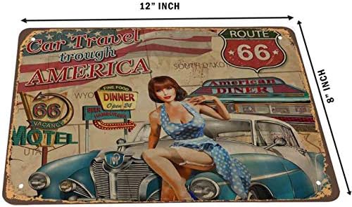 Hosnye pin up девојче калај знак гроздобер постер автомобил патувајќи низ Америка гроздобер метални калај знаци за мажи жени wallидни уметности декор за домашни барови кл