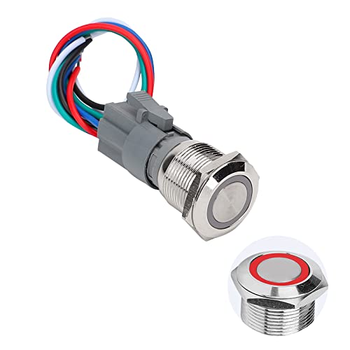 Jinyedq 0.75 19mm Копче За Заклучување Прекинувач Со HALO ПРСТЕН LED, Метален Водоотпорен Прекинувач 5 Pin 1NO 1NC Фиксна Самозаклучување со Приклучок за Жица (12-24v, црвено)