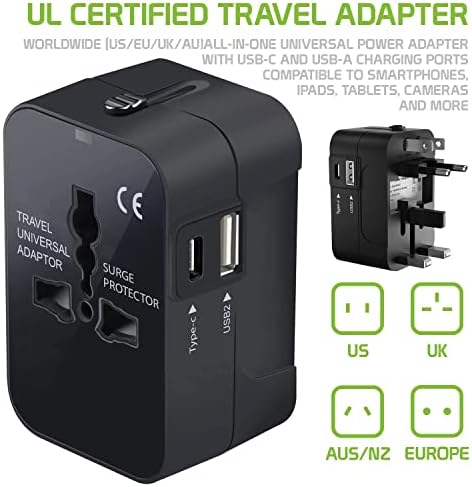 Travel USB Plus Меѓународен адаптер за напојување компатибилен со Lava Iris 430 за светска моќ за 3 уреди USB Typec, USB-A за патување помеѓу САД/ЕУ/АУС/НЗ/Велика Британија/ЦН