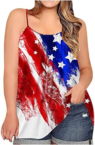 2023 Лизгање Без Ракави Шпагети Ремен Памук Американско Знаме Графичка Преголема Блуза Кошула За Жени Кошула Со Отворен Грб