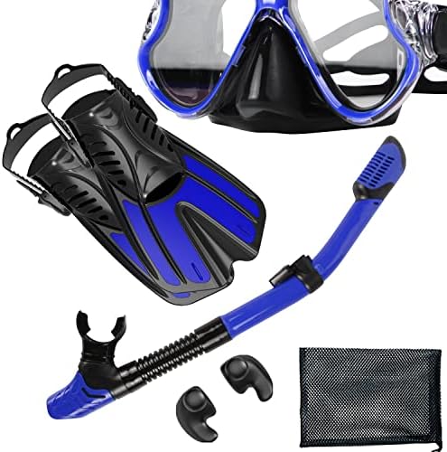 Piyazi Mask Fins Snorkel Set за возрасни, 4 во 1 опрема за нуркање за возрасни жени, панорамски поглед маска за сув врвен врв нуркачки флиперс комбо поставен со патни торбички за ?