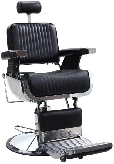 Hydraulic столче за столче за столче за столче со барбер со прилагодлив потпирач за глава, потпирач за грб, потпирач за нозе и тешка база, црно+сребро