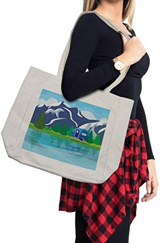 Ambesonne Среќна торба за купување кампер, активност на отворено со езерски планински шума и приколка летен дизајн на одмор, еколошка торба за еднократно користење за н