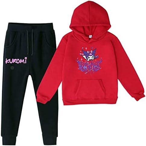 Benlp Pister Unisex Child Kuromi Graphic Tracksuit Outfits-Fleece Hooded Tops+Sweatpants, обична маичка за момчиња, девојчиња