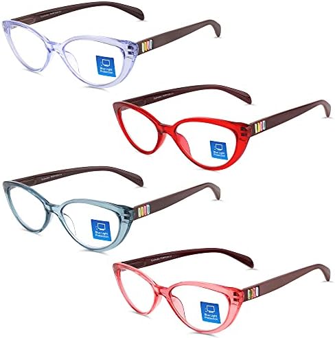 4 Пакет Очила За Читање Блокирање На Сина Светлина За Жени Кристал Мачкино Око Стилски Читатели Со Меки Торбички Лесни Очила Против Замор На Очите/Отсјај/УВ 2.75