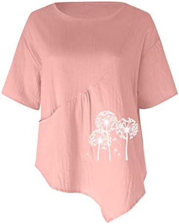 Памучни постелнини за жени за жени летни екипи кратки ракави за кратки ракави трендовски цвеќиња блуза гроздобер цврсти лабави врвови на туника