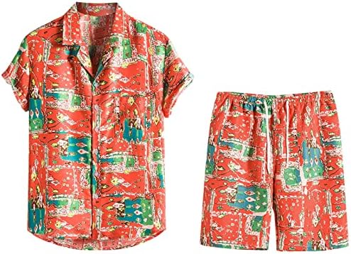 Машка облека на хавајски плажа Симпатични графити печатени кошули со краток ракав шорцеви 2 парчиња поставени модни врвови кратки костуми за пантолони