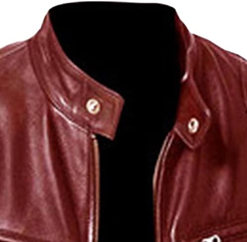 Машка кожена кожна велосипедска јакна гроздобер моторцикл јакна за надворешна облека ретро -штанд јака пу кожен тенок фит палто