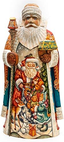 350мм Дедо Мраз со магичен персонал и кутија со рачно обоена Дедо Мраз со кутија играчки дрвена врежана статуа