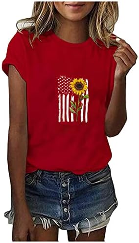 Американски маички со сончоглед на знаме за жени 4 -ти јули Ден на независност на екипажот за екипаж за кратки ракави за кратки ракави за кратки ракави, блуза
