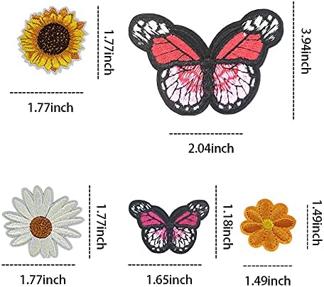 42 парчиња везени цвеќиња Пеперутка железо на закрпи сончоглед маргаритка за облека за облека шијат на закрпи поставени за јакни фармерки торбички облека за занает