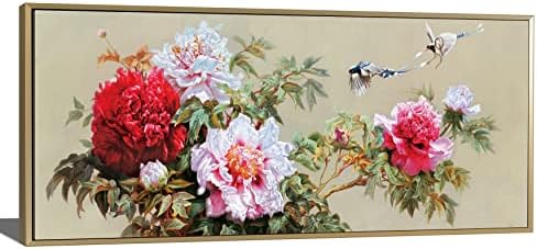 Цветно платно сликарство wallидна уметност-голема големина дневна соба декорација рачно насликани црвени и бели божови цвеќиња и птици за истегнување