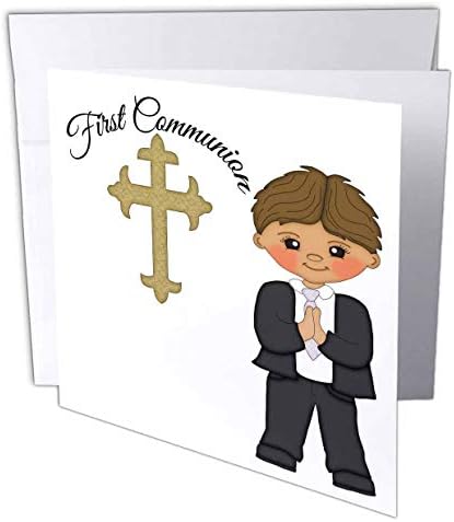 3drose Ана Мари Баг - Религиозна - Прв причест крст со илустрација на мало момче - 1 честитка со плик