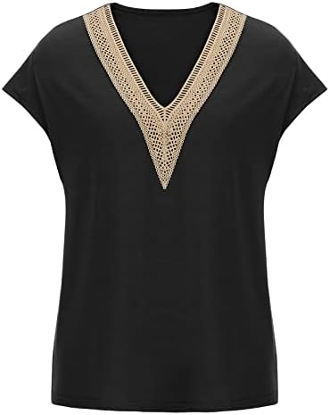 Летни врвови за жени трендовски ракав ракав маица од капчиња чипка исецка V вратот маички меки лабави обични блузи