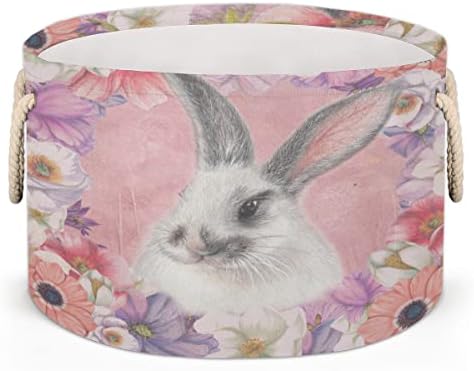 Велигденски зајаче зајак цвет големи тркалезни корпи за корпи за перење алишта со рачки ќебе корпа за складирање за полици за бања