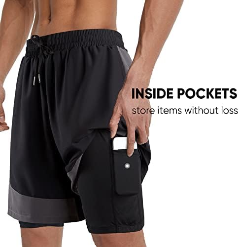 Hotsuit Men's 2 во 1 трчање шорцеви 7 Атлетски шорцеви Брзо суво вежбање со џебови со патенти