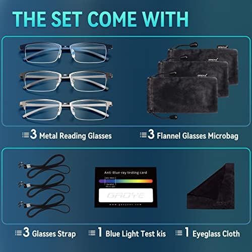Gaoye 3 пакувања за читање очила мажи жени, читатели на сина светлина што ги блокираат Анти УВ сјај, зголемувајќи ги металните рамки за очила