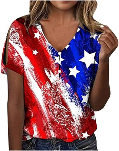 Женски летни врвови поделиле кошули со кратки ракави Американски блузи со знаме на знамето, обични маици со вратот на вратот 4-ти јули подароци