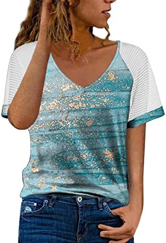 Lcepcy женски случајни v вратот на вратот печатена графичка мрежа со кратки ракави кошула лабава летни маички кошули