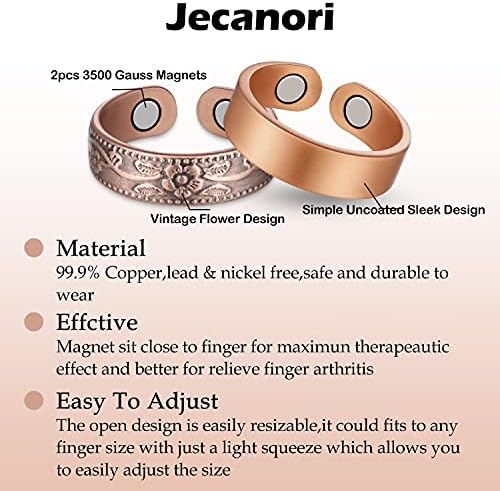 Нараквица од челик од титаниум jecanori и 2 парчиња бакарни магнетни прстени за жени мажи ~ магнетна терапија нараквица за артритис олеснување на нараквицата со 3500 гаус