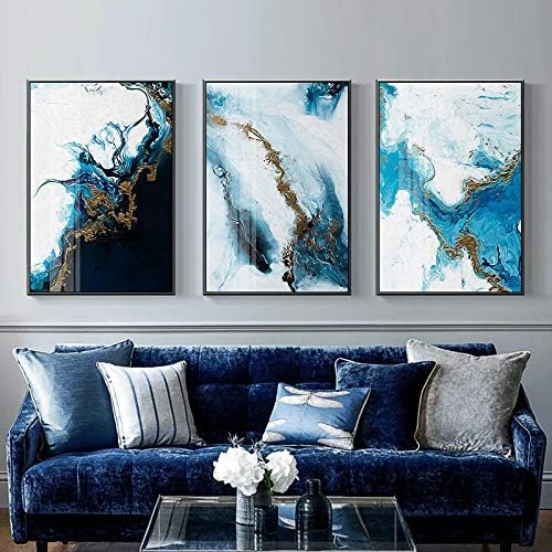 Платно сликарство апстрактна боја уметност 3 парчиња без рамка сликање сино златно за дневна соба спална соба уникатен нордиски декор wallид